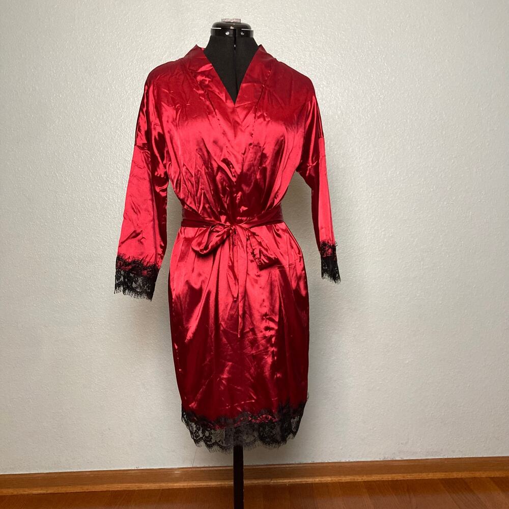 S Red Black Satin Lace Robe Dressing Pajamas PJ’s Wrap Tie Belt